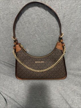 Michael Kors Brown Monogram Shoulder Bag with Gold Chain